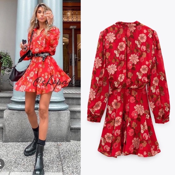 Zara Red Floral Print Mini Dress Sz S - Picture 1 of 9